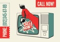 Call Now! Typographic retro poster. TV with a hand that is holding the telephone receiver. Vector illustration.