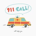 911 call. Poster with racing ambulance, cartoon style. Isolated vector illustration.