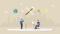 Call technical support with men two people calling with wrench icon and city background with modern flat style - vector