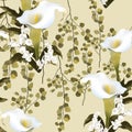 Calla flowers with leaves. Fairies of flowers for fabric design. Beautiful flowers digital illustration