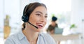 Callcenter, communication and CRM, woman and phone call with telecom or customer service. Contact us, headset and mic Royalty Free Stock Photo