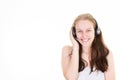 Callcenter woman customer support phone operator in headset aside copy space on white background Royalty Free Stock Photo