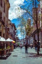 Calle Espejo, Quito, Pichincha, Ecuador, September 19, 2019. Pedestrian street in the historic center of Quito with passersby