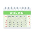 Callendar for April 2020 in flat style for design on white, stock vector illustration