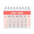 Callendar for July 2020 in flat style for design on white, stock vector illustration