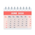 Callendar for June 2020 in flat style for design on white, stock vector illustration