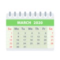 Callendar for March 2020 in flat style for design on white, stock vector illustration