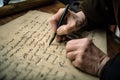 calligrapher, creating lettering on vintage book page