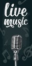 Calligraphic handwriting lettering live music. Microphone with rays Royalty Free Stock Photo