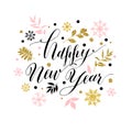 Calligraphic happy new year with snowflakes. Hand drawn style po