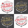 Calligraphic lettering for Merry Christmas and Happy New Year with golden glitter effect on dark background