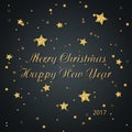 Calligraphic `Merry Christmas Happy New Year` Lettering with Gold Stars. Christmas Greeting Card Royalty Free Stock Photo