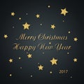 Calligraphic `Merry Christmas Happy New Year` Lettering with Gold Stars. Christmas Greeting Card. creative Royalty Free Stock Photo