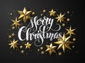 Calligraphic `Merry Christmas` Lettering Decorated with Gold Stars.