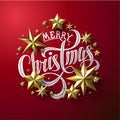 Calligraphic `Merry Christmas` Lettering Decorated with Gold Stars. Royalty Free Stock Photo