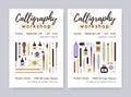 Calligraphy art workshop ad cards templates. Vertical promo backgrounds with lettering craft supplies. Handwriting class