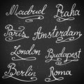 Calligraphy collection. Hand-lettering city names. City emblems vector illustration