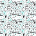 Calligraphy hand lettering seamless pattern. Positive signs, star, heart, speech bubbles, geometric forms. Perfect for Royalty Free Stock Photo