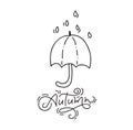 Calligraphy lettering flourish monoline Autumn text. Vector illustration hand drawn umbrella with drops of rain isolated