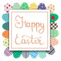 Calligraphy Lettering Happy Easter Inscription. Easter Card with Colorful Eggs in Wreath Form. For Greeting or Invitation Postcard