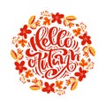 Calligraphy lettering text Hello Autumn. Round background frame wreath with yellow leaves, pumpkin, mushrooms and autumn symbols Royalty Free Stock Photo