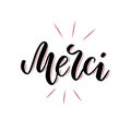 Calligraphy. Merci poster or card. Black Letters isolated on the White Background. Thanks in French handlettering