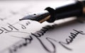 Calligraphy Pen With a Sheet of Handwritten Paper. Classic Fountain Pen Royalty Free Stock Photo