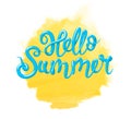 Calligraphy with the phrase Hello Summer and yellow watercolor sun. Hand drawn lettering in 3d style, isolated vector Royalty Free Stock Photo