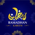 Calligraphy of Ramadan Kareem greeting with beautiful ornament and gold color, Blue Background Vector for Poster, Banner, Flyer, B Royalty Free Stock Photo