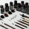 Calligraphy set featuring several jars of black ink, each with labels indicating different Royalty Free Stock Photo