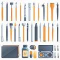 Calligraphy tools icons set, cartoon style