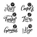 Calligraphy Zodiac Signs Set. Hand drawn horoscope astrology symbols, letterings grunge texture design, vector illustration white Royalty Free Stock Photo