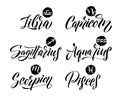 Calligraphy Zodiac Signs Set. Hand drawn horoscope astrology symbols, letterings grunge texture design, vector illustration white Royalty Free Stock Photo