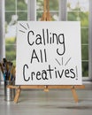 Calling All Creative! Sign handwritten on white canvas Vertical photograph Royalty Free Stock Photo