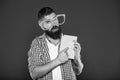 Calling attention to his manual. Book nerd wearing fancy glasses. Bearded man in party glasses with lesson book. Study Royalty Free Stock Photo