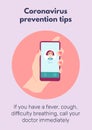 Calling doctor concept. Hand holds a smartphone. Coronavirus prevention tips poster with text