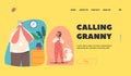 Calling Granny Landing Page Template. Family Characters Communicate by Phone. Little Grandson Speaking by Smartphones