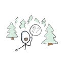 Calling for help. Man in woods lost his way. Can not find a path in forest. Calling for help. Hand drawn. Stickman cartoon. Doodle