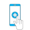 Calling medical care, the hand presses the call medical care button on the smartphone. Vector illustration