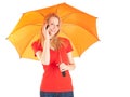 Calling woman with orange umbrella Royalty Free Stock Photo