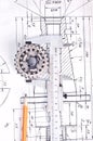 Calliper with part on Engineering drawing Royalty Free Stock Photo