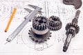 Calliper with part on Engineering drawing Royalty Free Stock Photo
