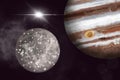 Calisto A satellite of Jupiter, illustration with planets, Space exploration picture with stars and orbits