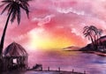 Calm Abstract watercolor tropical landscape. Romantic purple pink sky clouds. Islands with palm trees, bungalows on