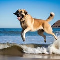 Cool Anatolian Shepherd Dog napping peacefully in a hammock strung between two palm trees on a tropical beach Royalty Free Stock Photo