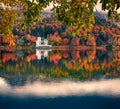 Calm autumn view of Grundlsee lake. Wonderful outdoor scene of Brauhof village,