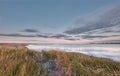 Calm beach and sea. Beautiful, peaceful and calm view of a lake side with green grass against a cloudy blue sky Royalty Free Stock Photo