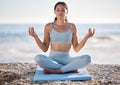 Calm, beach and woman doing meditation exercise for zen, health and wellness of the mind and body. Spiritual, fitness Royalty Free Stock Photo