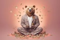 a calm bear manager meditating with money, created with Generative AI technology