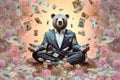 a calm bear manager meditating with money, created with Generative AI technology